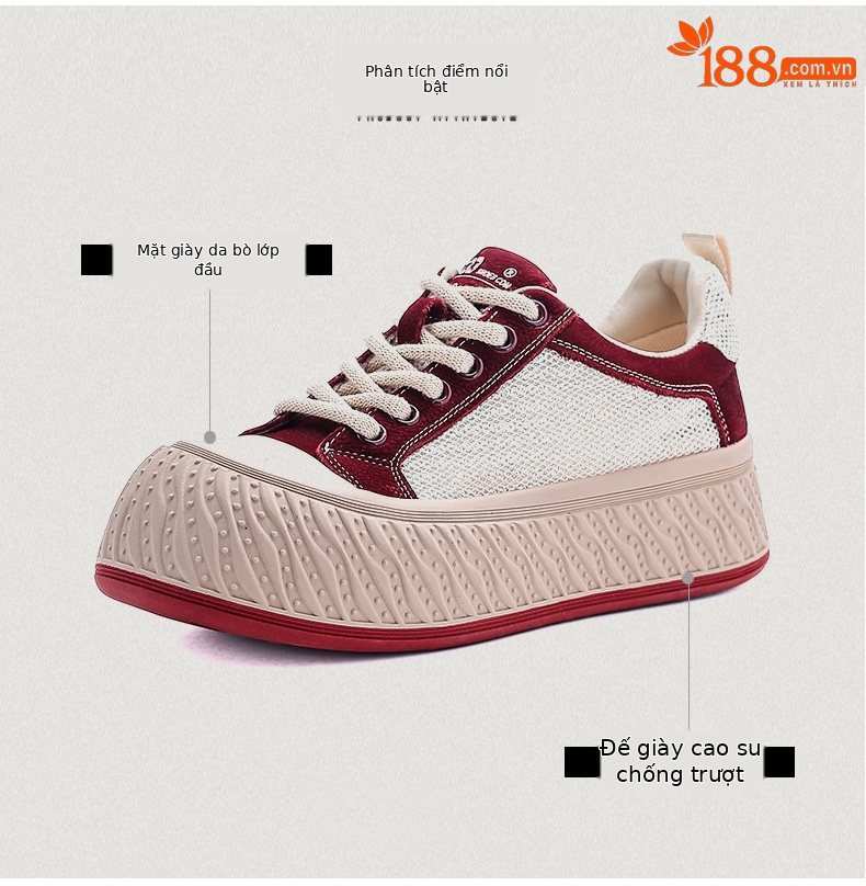 Giày sneaker nữ đế dày da thật lưới thoáng khí phối màu mũi to — màu đỏ chi tiết 3