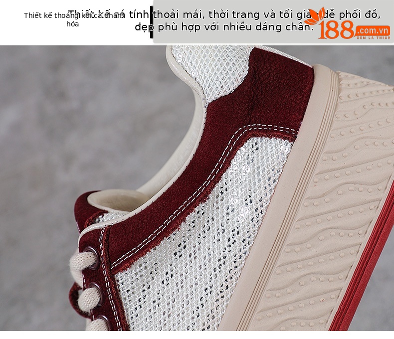 Giày sneaker nữ đế dày da thật lưới thoáng khí phối màu mũi to — màu đỏ chi tiết 5