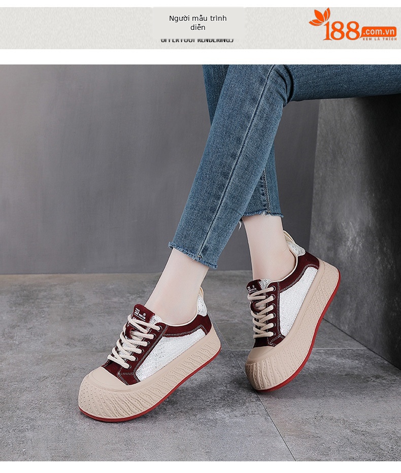 Giày sneaker nữ đế dày da thật lưới thoáng khí phối màu mũi to — màu đỏ chi tiết 9