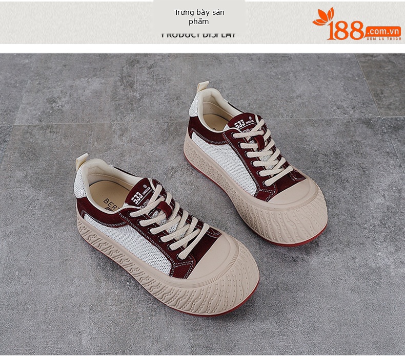 Giày sneaker nữ đế dày da thật lưới thoáng khí phối màu mũi to — màu đỏ chi tiết 10