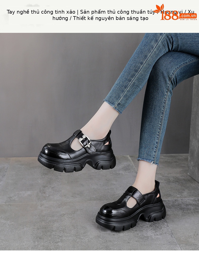 Giày Mary Jane nữ da bò mũi tròn đế dày tăng chiều cao — màu đen chi tiết 1