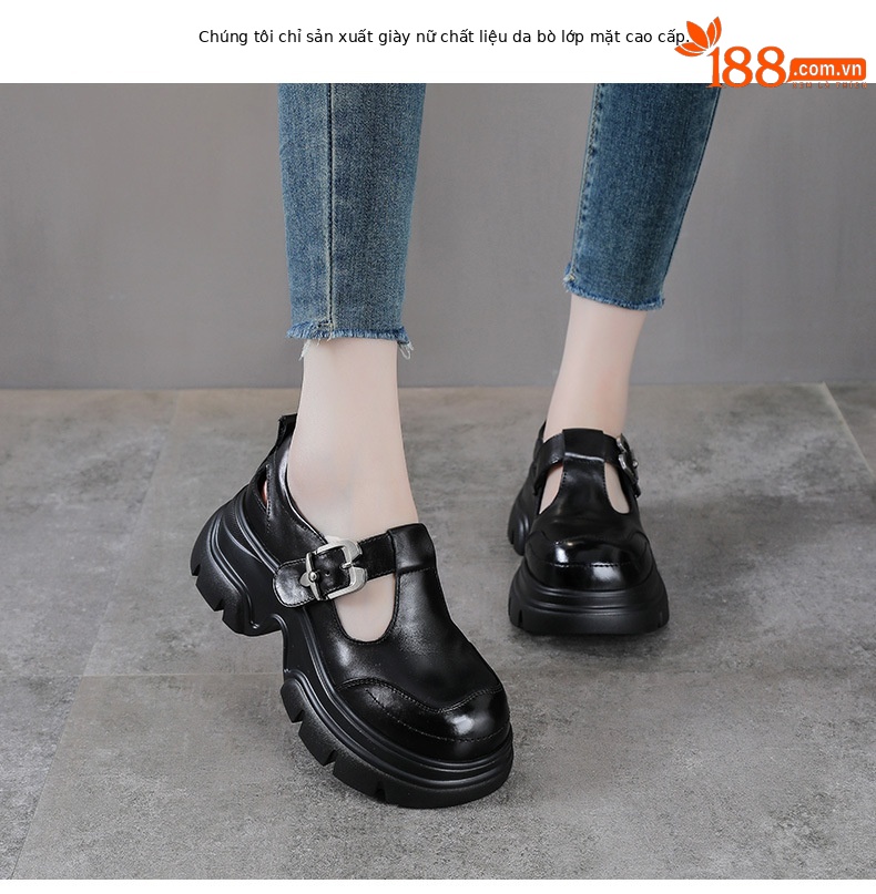 Giày Mary Jane nữ da bò mũi tròn đế dày tăng chiều cao — màu đen chi tiết 2