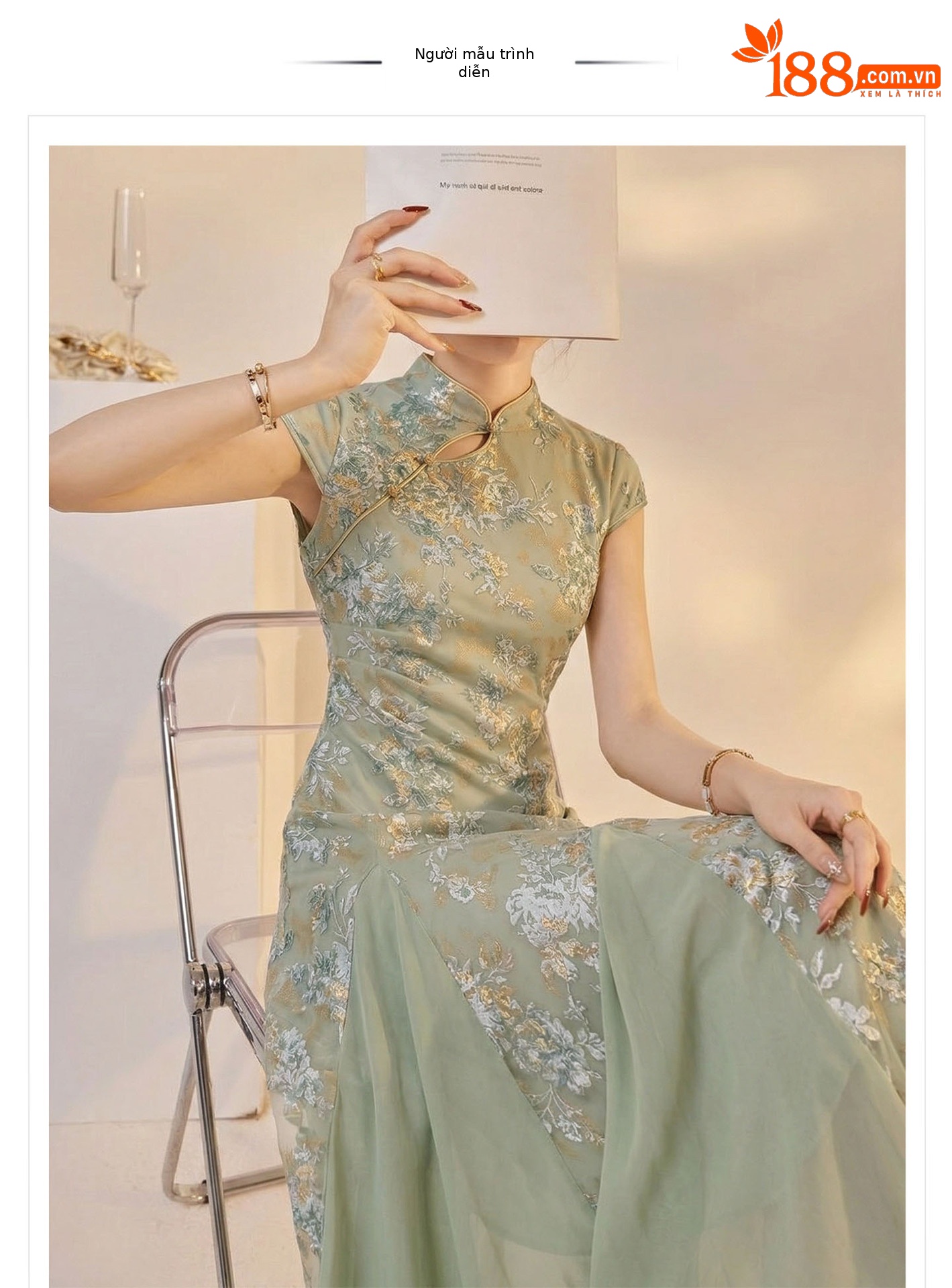 Váy sườn xám cổ đứng họa tiết jacquard chạm rỗng phong cách Tân Trung Hoa mùa hè — Xanh lá cây nhạtcolor chi tiết 1