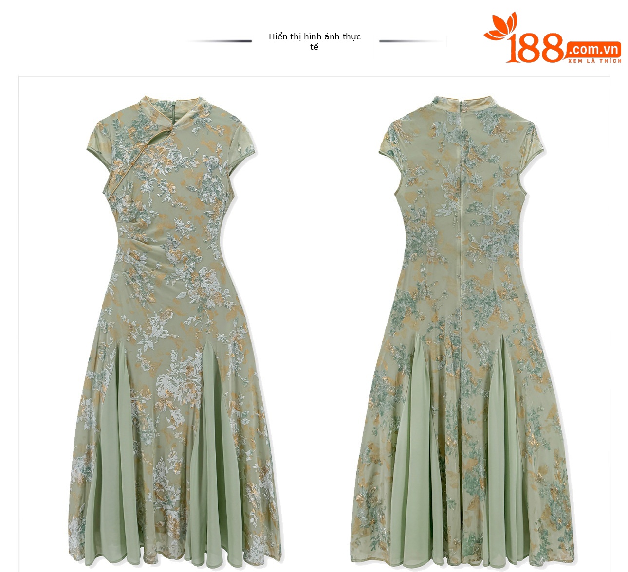 Váy sườn xám cổ đứng họa tiết jacquard chạm rỗng phong cách Tân Trung Hoa mùa hè — Xanh lá cây nhạtcolor chi tiết 17