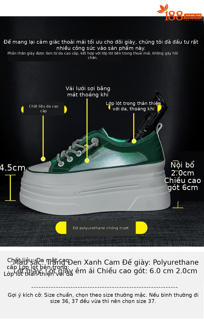 Giày sneaker nữ đế dày lưới thoáng khí tăng chiều cao mùa hè 2026 — M2227 Cam, M2227 Đen, M2227 Trắng chi tiết 4