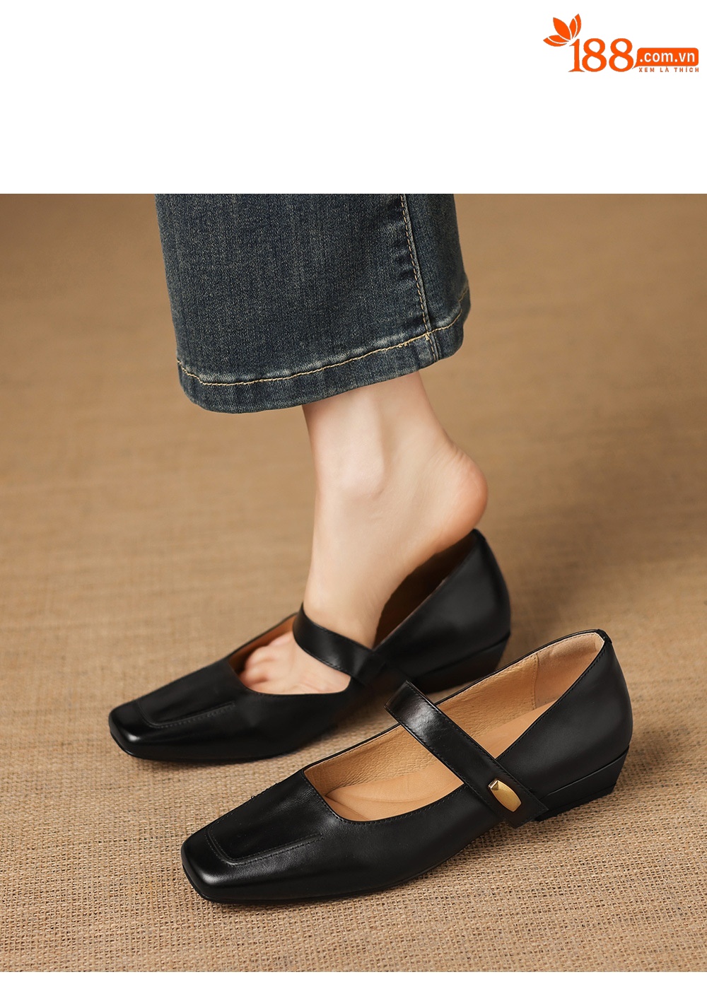 Giày Mary Jane nữ quai ngang gót thấp 2,5 cm, da bò mềm miệng nông — màu nâu chi tiết 1