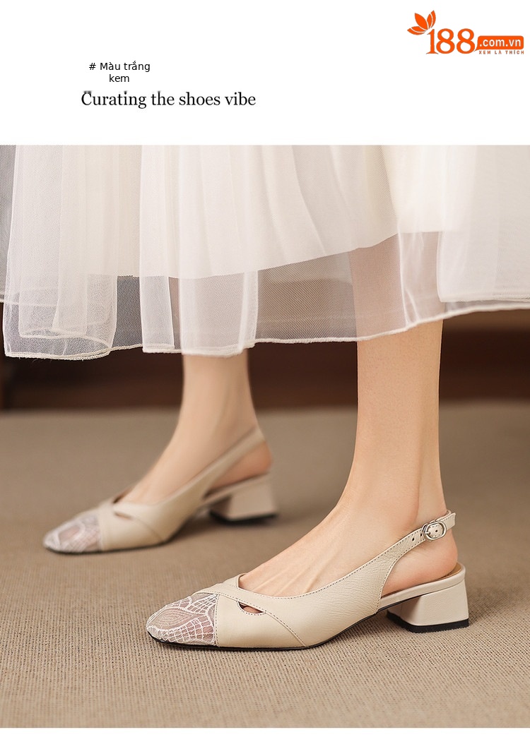 Sandal cao gót nữ hở mũi da cừu lưới phối màu quai ngang khóa — màu đen, màu trắng ngà chi tiết 10