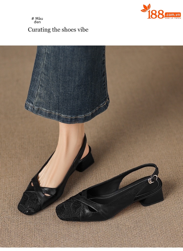 Sandal cao gót nữ hở mũi da cừu lưới phối màu quai ngang khóa — màu đen, màu trắng ngà chi tiết 18