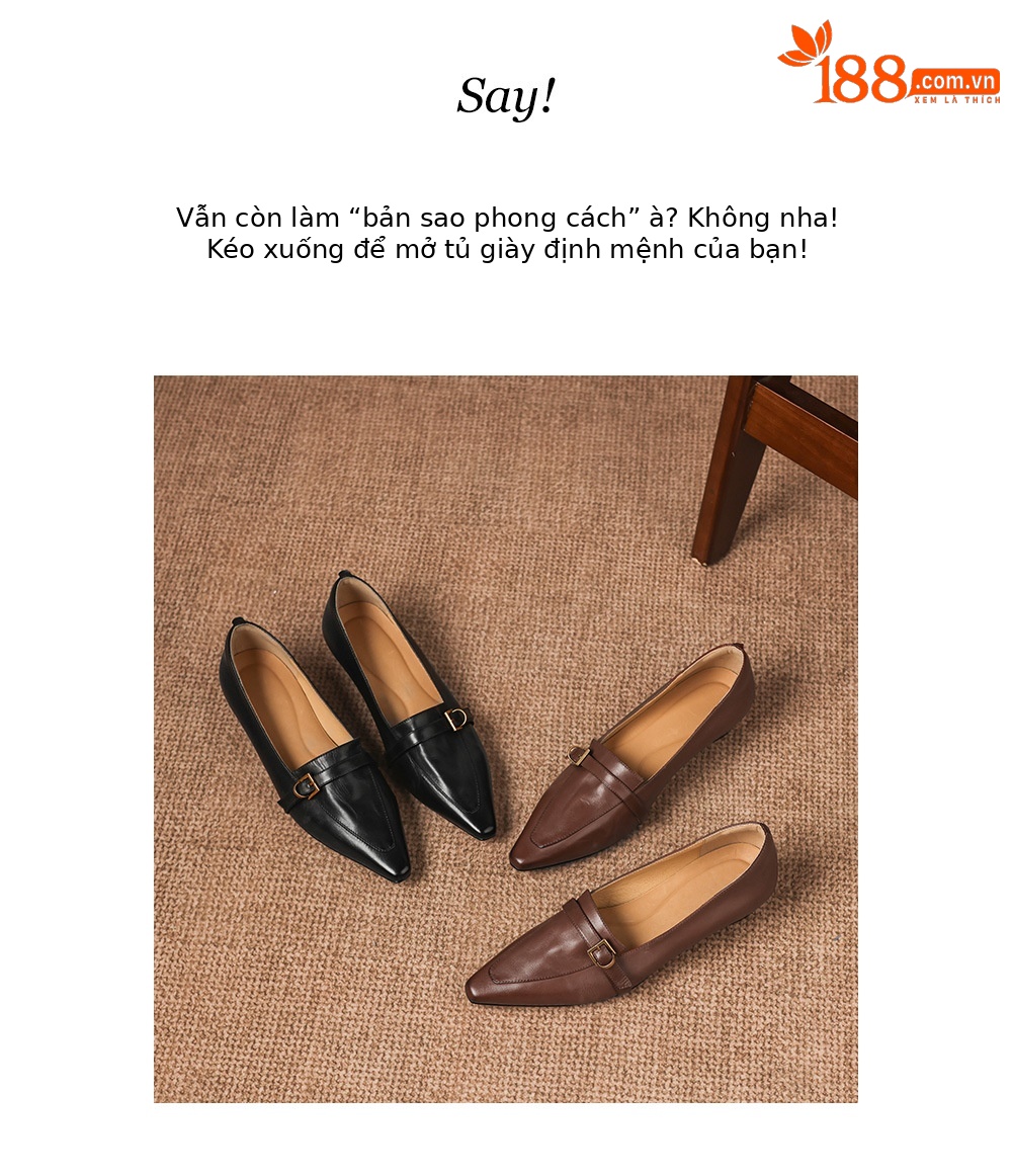 Giày da nữ mũi nhọn gót thấp phong cách vintage khóa thắt lưng — Vàng nâu chi tiết 16