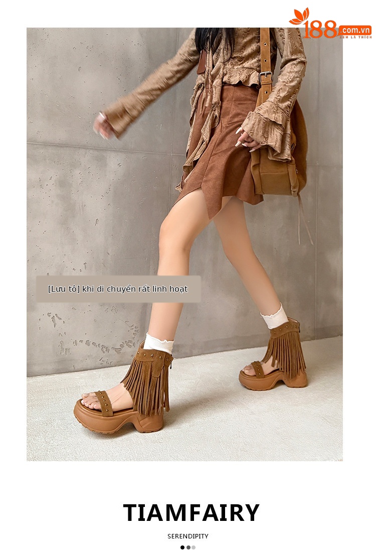 Boot nữ cổ thấp đế xuồng cao gót 9 cm, mũi hở phong cách phương Tây, tua rua đinh tán — Màu caramel, màu mơ chi tiết 2