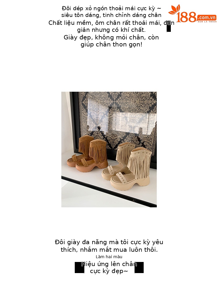 Boot nữ cổ thấp đế xuồng cao gót 9 cm, mũi hở phong cách phương Tây, tua rua đinh tán — Màu caramel, màu mơ chi tiết 3