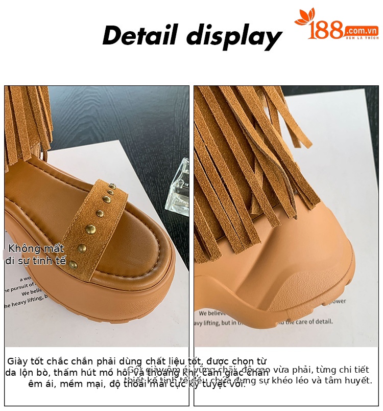 Boot nữ cổ thấp đế xuồng cao gót 9 cm, mũi hở phong cách phương Tây, tua rua đinh tán — Màu caramel, màu mơ chi tiết 5