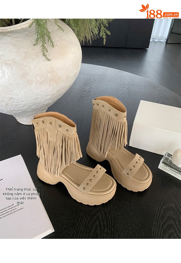 Boot nữ cổ thấp đế xuồng cao gót 9 cm, mũi hở phong cách phương Tây, tua rua đinh tán — Màu caramel, màu mơ chi tiết 25