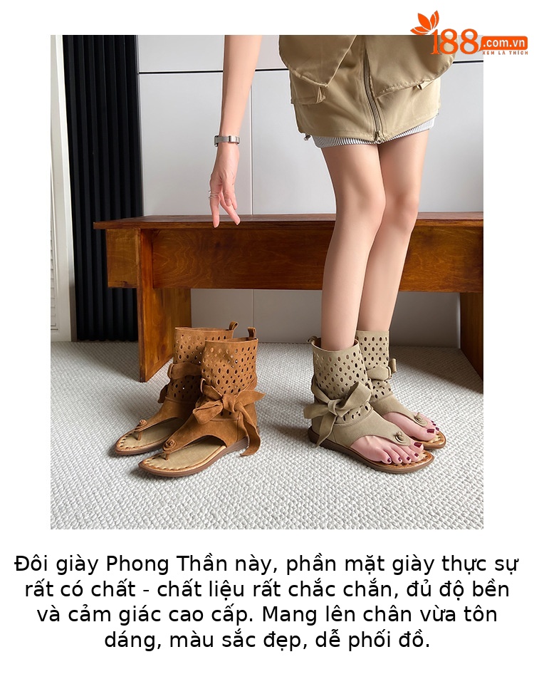 Boot cổ thấp da phong cách La Mã quai buộc xỏ ngón hở mũi — Màu caramel, màu kaki chi tiết 6