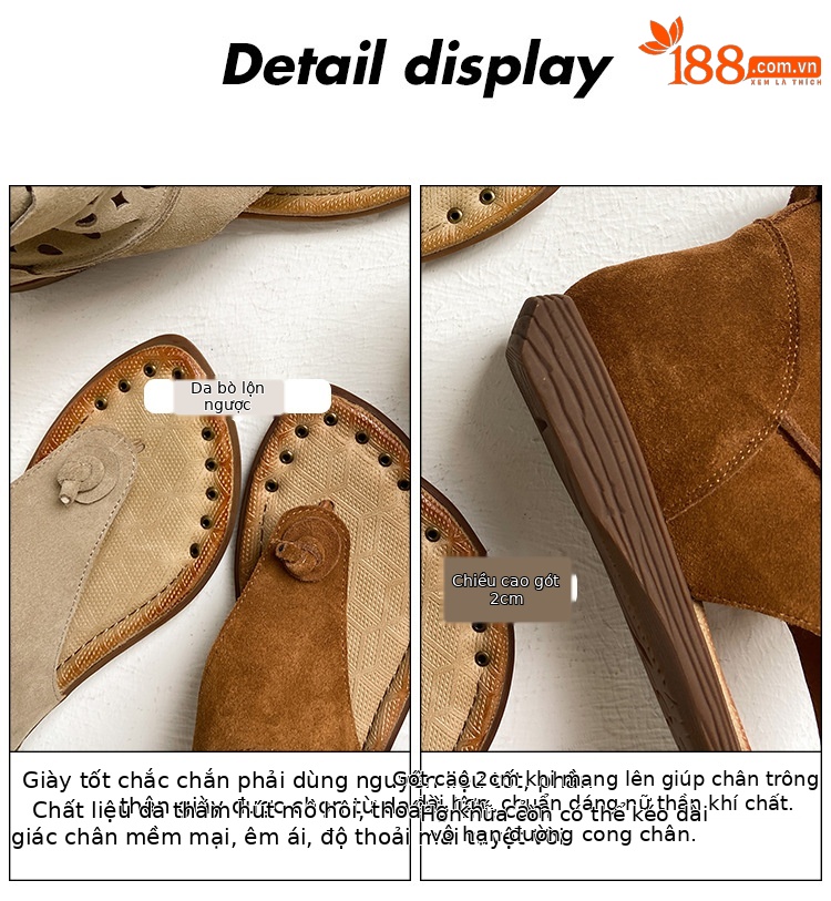 Boot cổ thấp da phong cách La Mã quai buộc xỏ ngón hở mũi — Màu caramel, màu kaki chi tiết 7