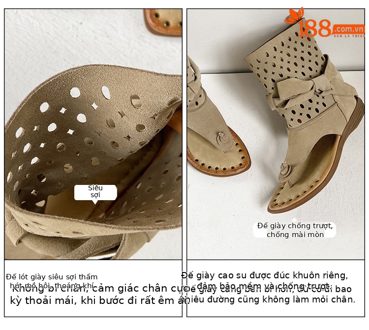 Boot cổ thấp da phong cách La Mã quai buộc xỏ ngón hở mũi — Màu caramel, màu kaki chi tiết 8