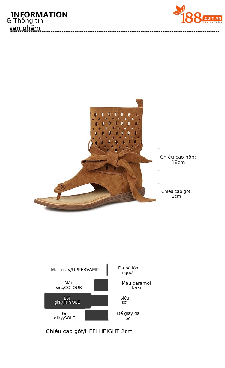 Boot cổ thấp da phong cách La Mã quai buộc xỏ ngón hở mũi — Màu caramel, màu kaki chi tiết 5