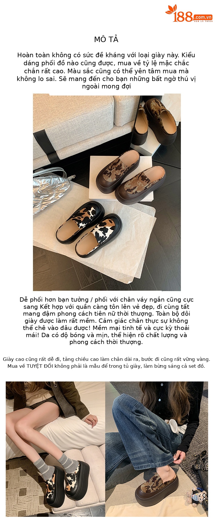 Mule nữ hở gót đế xuồng da lông bò họa tiết da báo — màu đen, màu xanh đậm chi tiết 2