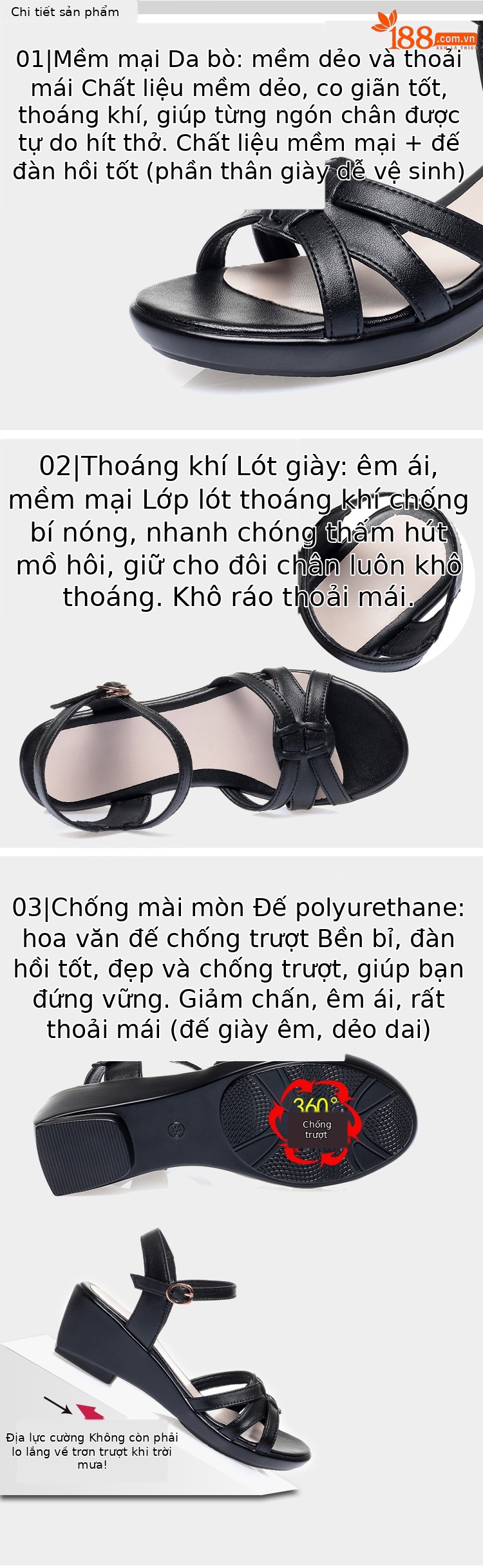 Sandal nữ đế xuồng da mềm gót thấp chống trượt size lớn — màu đen chi tiết 1