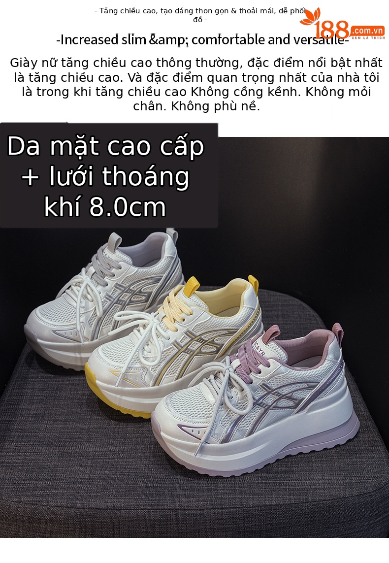 Giày sneaker nữ đế dày phong cách cổ điển, tăng chiều cao, thoải mái — Vàng 5053, Xám 5053, Tím 5053 chi tiết 2