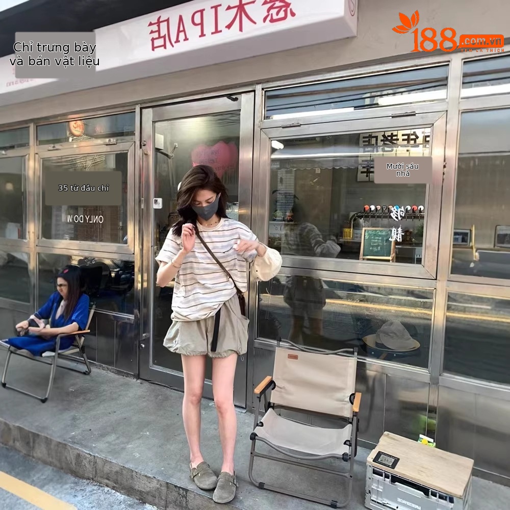 Áo thun nữ tay ngắn sọc cổ điển phong cách Mỹ rộng thùng thình — Sọc chi tiết 2