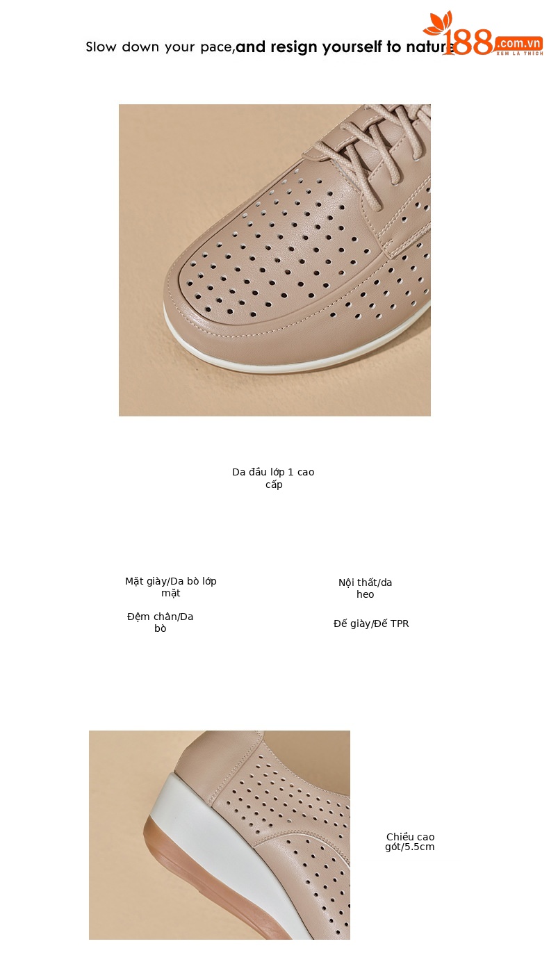 Giày da bò đục lỗ nữ đế xuồng platform gót 5 cm — màu trắng ngà chi tiết 2
