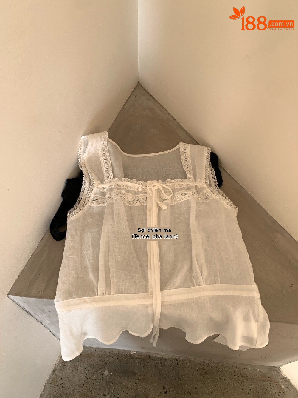 Áo hai dây nữ phong cách Pháp chất liệu linen cổ vuông ren hoa — yến mạch chi tiết 2