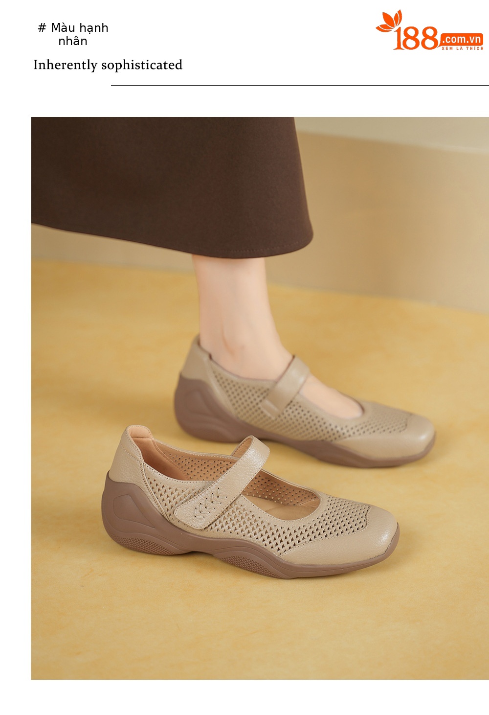 Giày sneaker nữ đế dày da cừu quai ngang lỗ rỗng — màu trắng ngà chi tiết 4