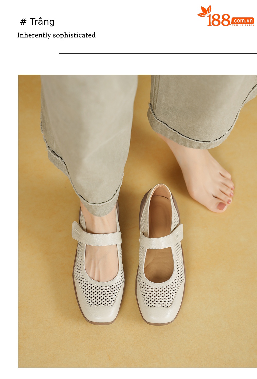 Giày sneaker nữ đế dày da cừu quai ngang lỗ rỗng — màu trắng ngà chi tiết 8