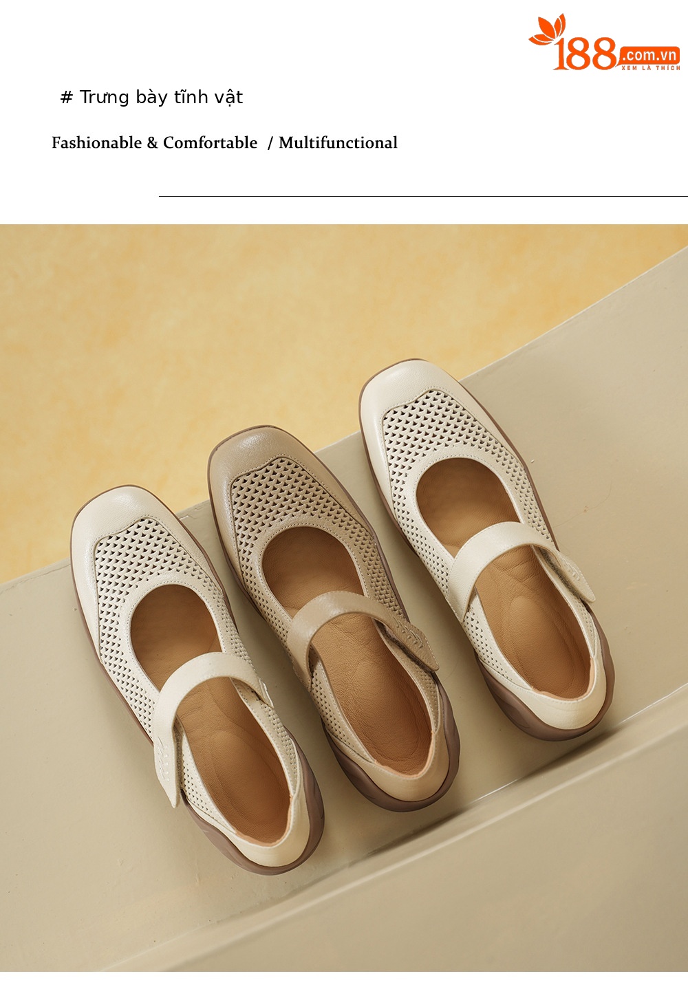 Giày sneaker nữ đế dày da cừu quai ngang lỗ rỗng — màu trắng ngà chi tiết 12