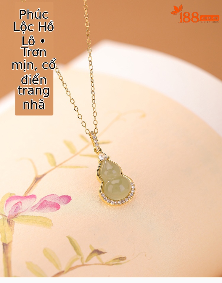 Mặt dây chuyền bạc S925 mạ vàng đính ngọc bích thiên nhiên hình quả hồ lô phong thủy — Mặt dây chuyền đơn (không kèm dây) chi tiết 1