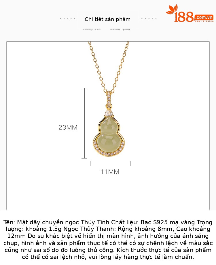 Mặt dây chuyền bạc S925 mạ vàng đính ngọc bích thiên nhiên hình quả hồ lô phong thủy — Mặt dây chuyền đơn (không kèm dây) chi tiết 2