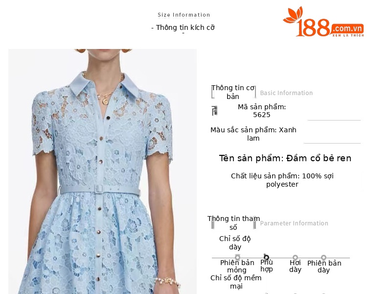 Đầm suông midi cổ ve ren thêu tay ngắn cho nữ — xanh lam chi tiết 5