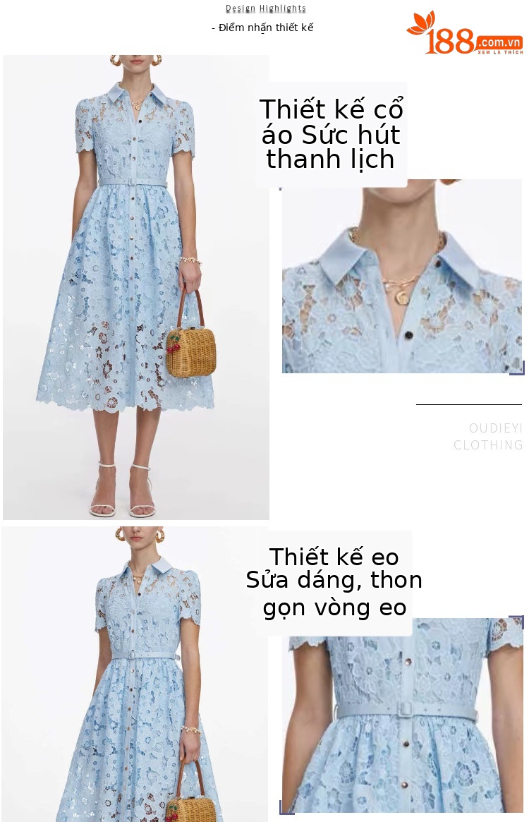Đầm suông midi cổ ve ren thêu tay ngắn cho nữ — xanh lam chi tiết 2