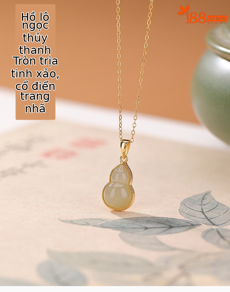 Mặt dây chuyền bạc S925 mạ vàng đính ngọc bích thiên nhiên hình quả hồ lô phong cách cổ điển — Mặt dây chuyền đơn (không kèm dây) chi tiết 1