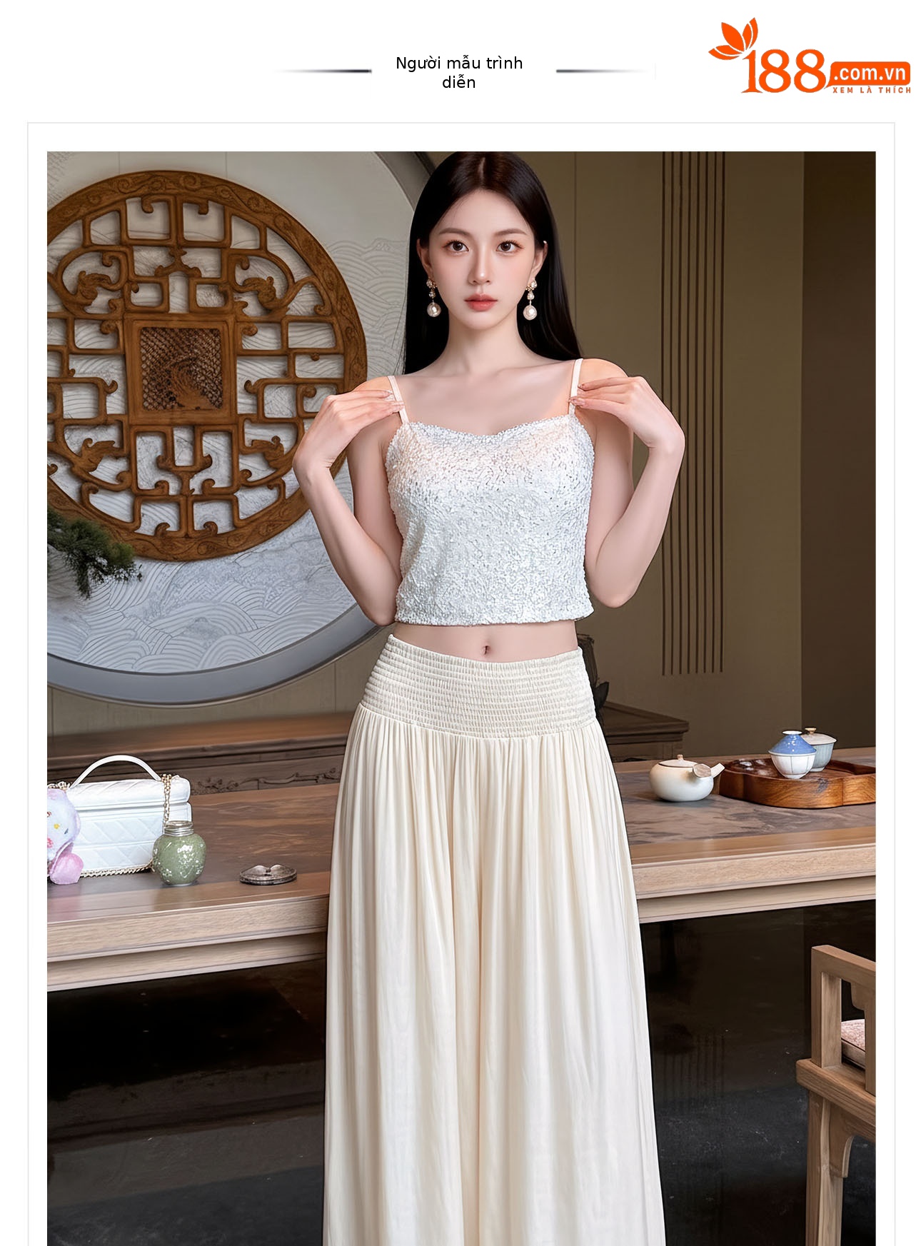 Bộ đầm maxi thắt eo phong cách quốc phong cao cấp — Gạo trắng Sling, bộ đồ, Quần dài màu hạnh chi tiết 1