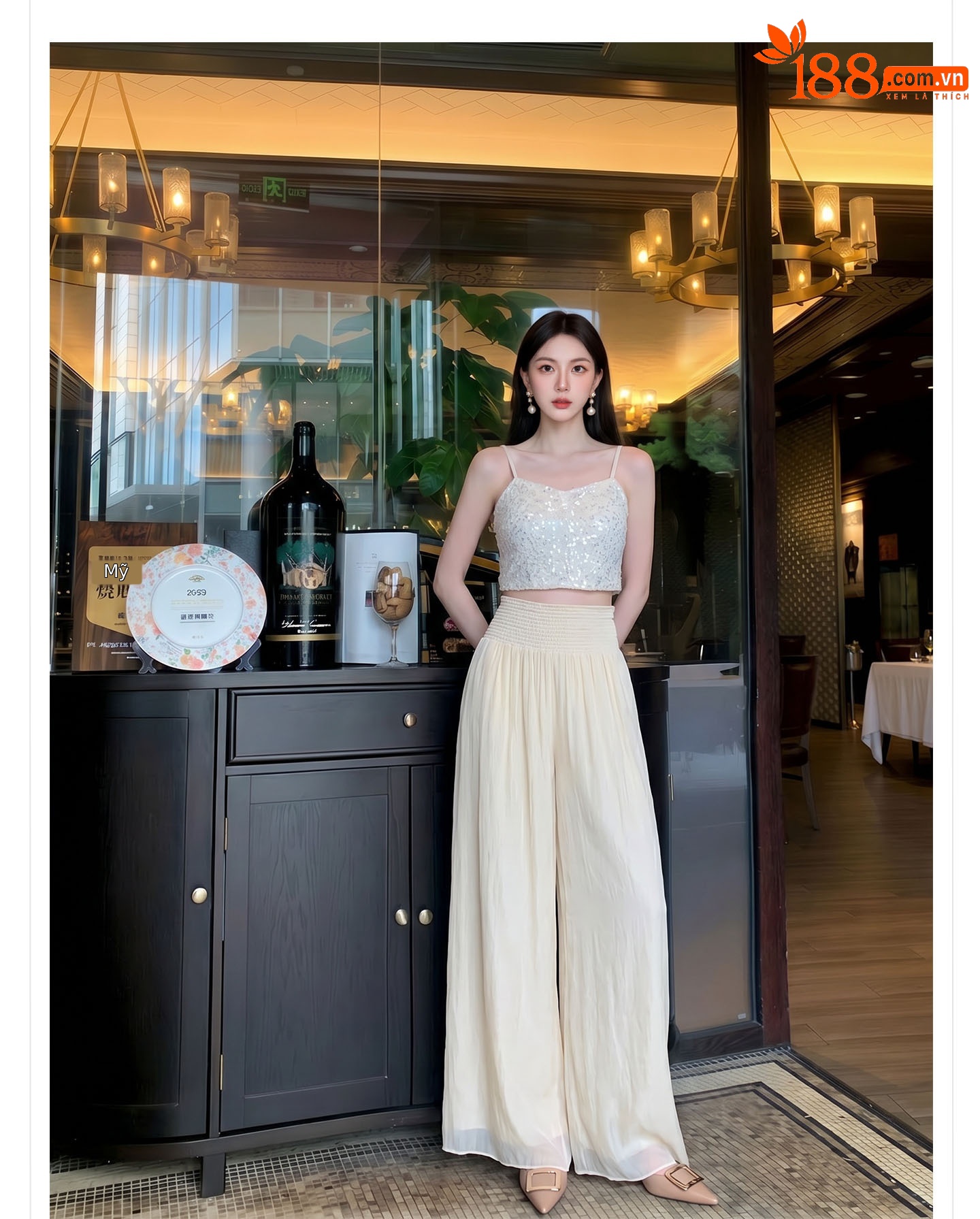 Bộ đầm maxi thắt eo phong cách quốc phong cao cấp — Gạo trắng Sling, bộ đồ, Quần dài màu hạnh chi tiết 7