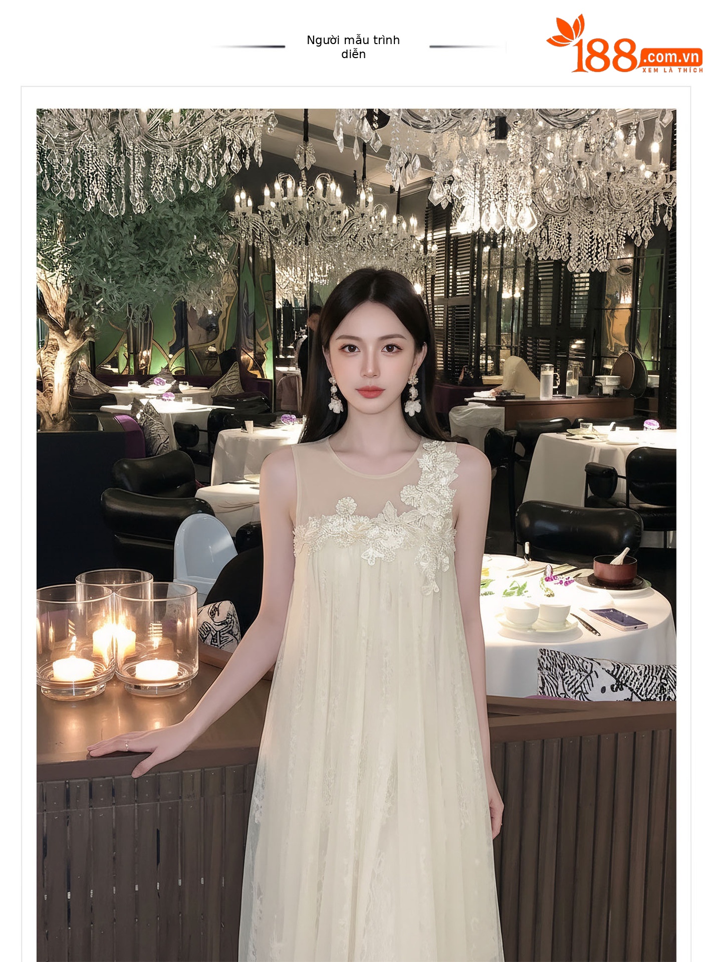 Đầm maxi nữ thắt eo ren hoa nổi lãng mạn phong cách nghỉ dưỡng — màu trắng ngà chi tiết 1