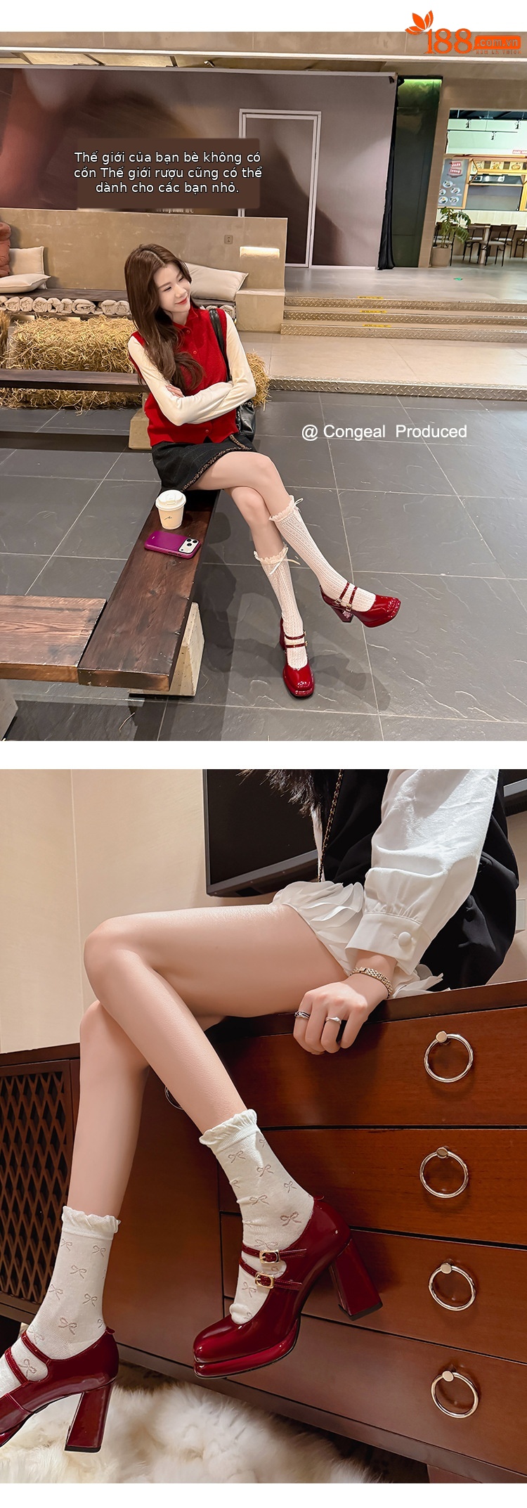Giày Mary Jane cao gót nữ mũi nhọn quai đôi gót vuông ổn định — màu đen, màu mơ, màu đỏ chi tiết 8