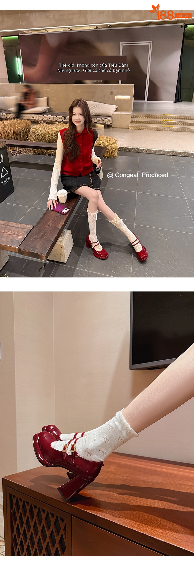 Giày Mary Jane cao gót nữ mũi nhọn quai đôi gót vuông ổn định — màu đen, màu mơ, màu đỏ chi tiết 10