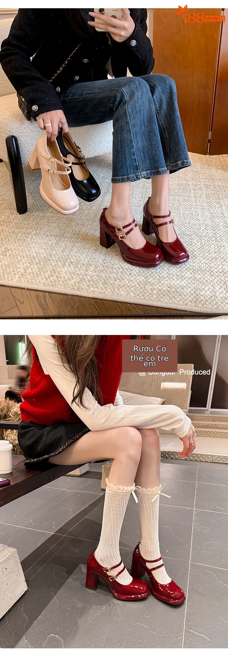 Giày Mary Jane cao gót nữ mũi nhọn quai đôi gót vuông ổn định — màu đen, màu mơ, màu đỏ chi tiết 15