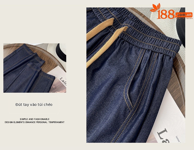 Quần jean nữ ống rộng cạp cao vải denim mỏng nhẹ dáng suông — Đen - Loại thông thường chi tiết 5