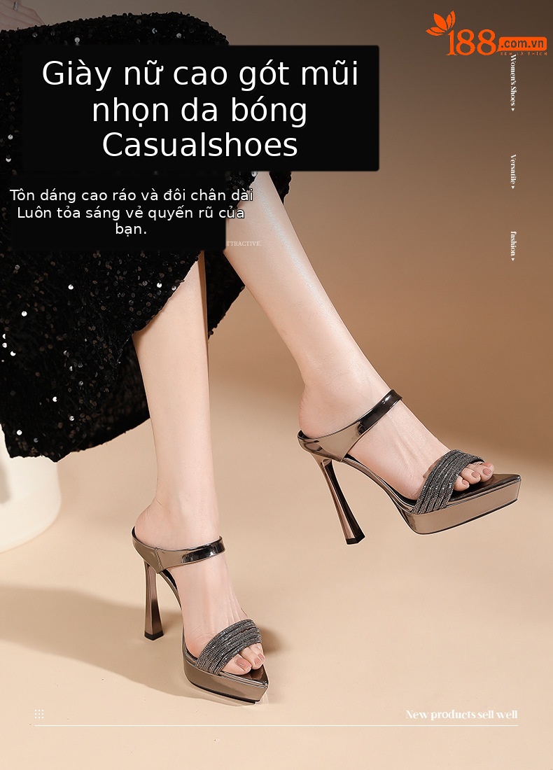 Sandal cao gót nữ mũi nhọn quai một dây đính đá, gót 12 cm — Màu nude-12cm chi tiết 1