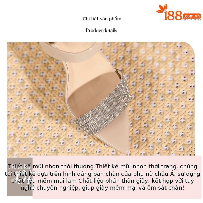 Sandal cao gót nữ mũi nhọn quai một dây đính đá, gót 12 cm — Màu nude-12cm chi tiết 3