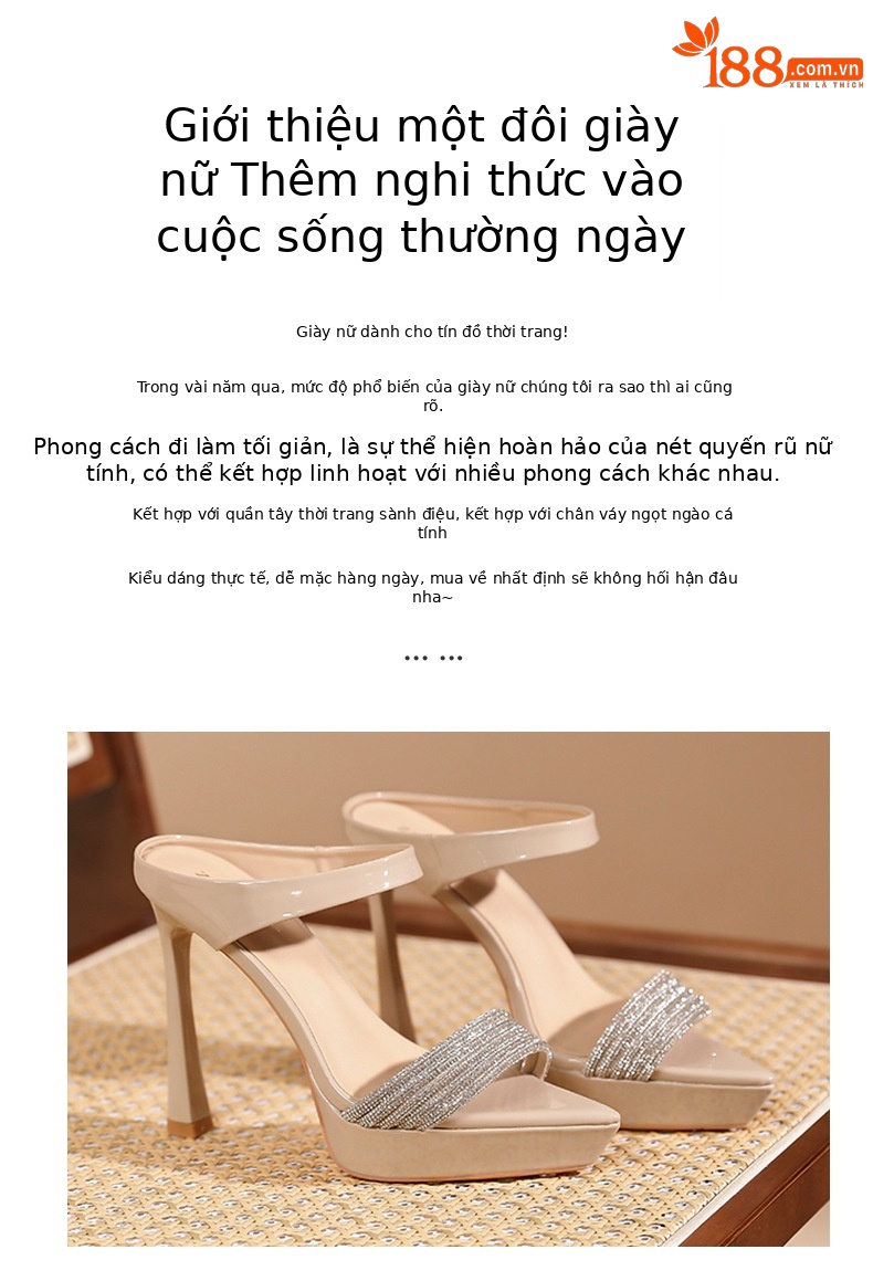 Sandal cao gót nữ mũi nhọn quai một dây đính đá, gót 12 cm — Màu nude-12cm chi tiết 2
