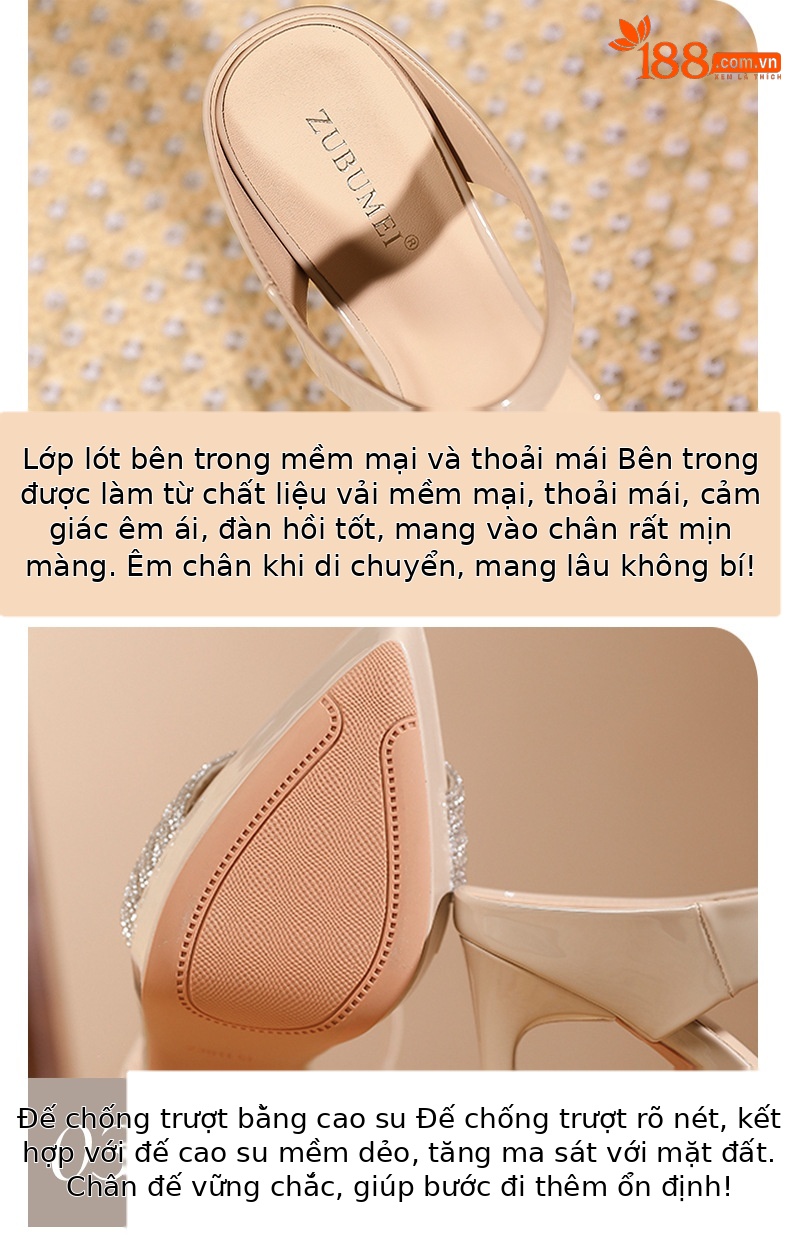Sandal cao gót nữ mũi nhọn quai một dây đính đá, gót 12 cm — Màu nude-12cm chi tiết 4