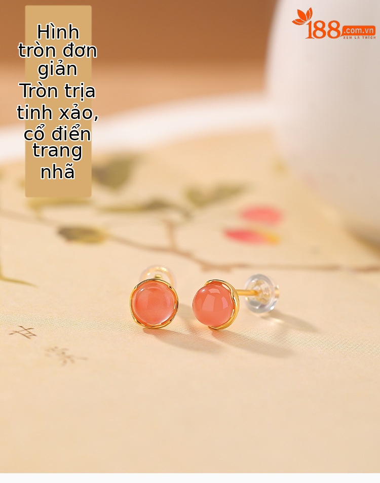 Bông tai bạc S925 mạ vàng đính mã não đỏ nữ kiểu mới hình tròn tối giản — Một đôi chi tiết 1
