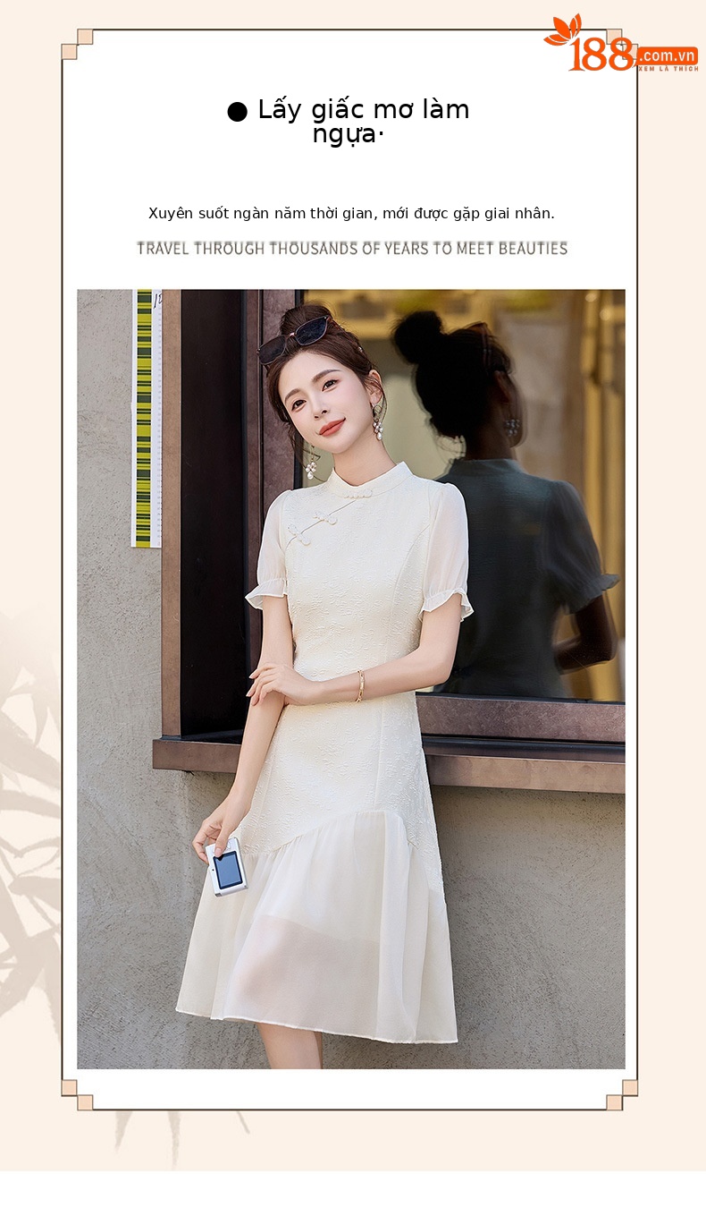 Đầm suông midi tân cổ điển tay ngắn cổ đức, thắt eo nhẹ, phong cách Trung Hoa hiện đại — màu trắng ngà chi tiết 3