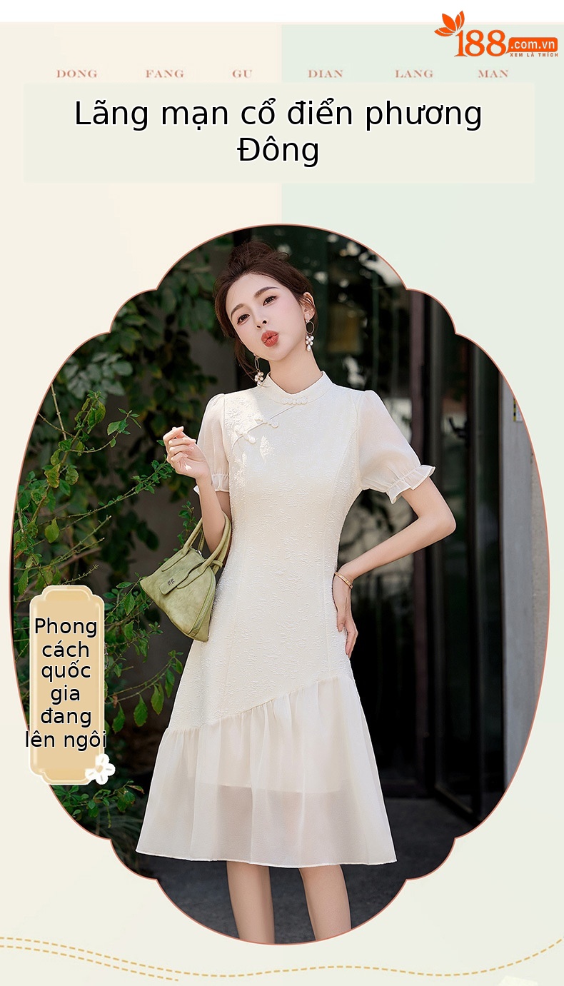 Đầm suông midi tân cổ điển tay ngắn cổ đức, thắt eo nhẹ, phong cách Trung Hoa hiện đại — màu trắng ngà chi tiết 5