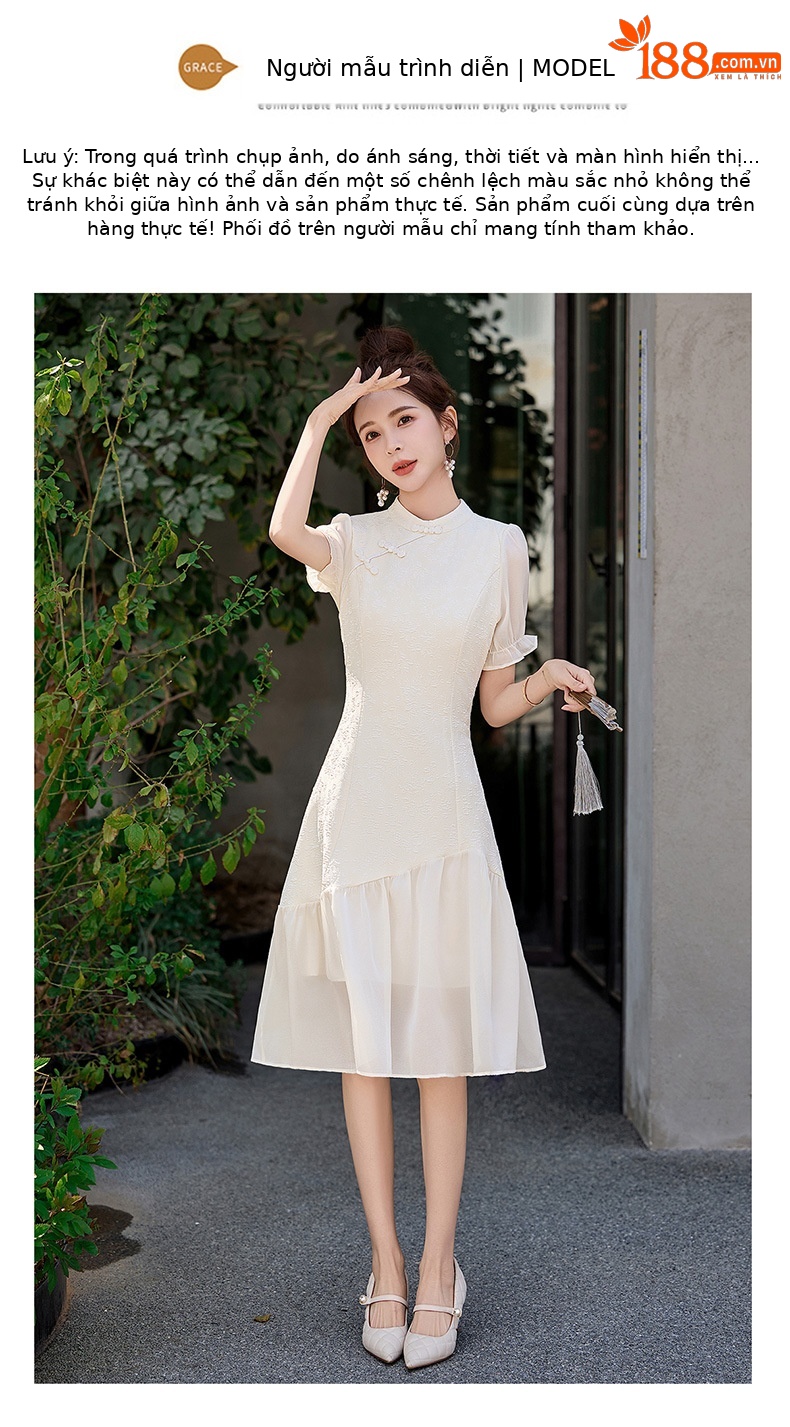 Đầm suông midi tân cổ điển tay ngắn cổ đức, thắt eo nhẹ, phong cách Trung Hoa hiện đại — màu trắng ngà chi tiết 12